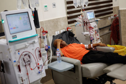 Palestinian kidney patients lie on hospital beds as health officials say they are running out of fuel to operate dialysis ...