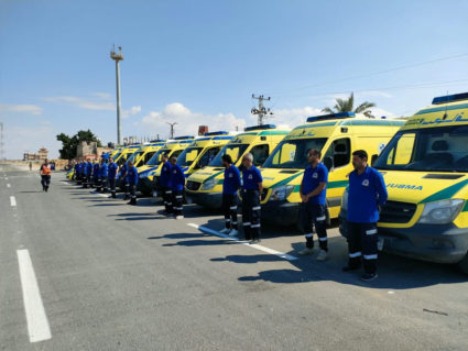 Ambulances wait at collection point near Rafah crossing