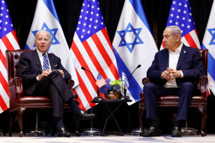 U.S. President Joe Biden meets with Israeli Prime Minister Benjamin Netanyahu and the Israeli war cabinet, as he visits Israel amid the ongoing conflict between Israel and Hamas, in Tel Aviv, Israel, October 18, 2023. Photo by Evelyn Hockstein/Reuters