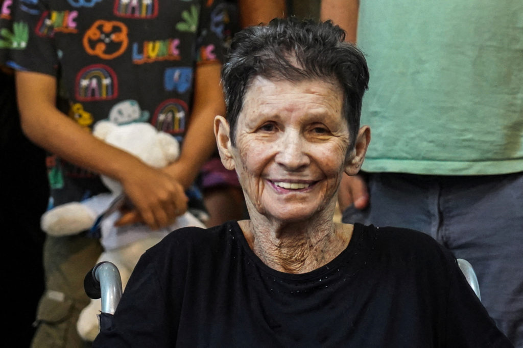 Lifshitz, 85, an Israeli grandmother who was held hostage in Gaza smiles after being released by Hamas militants, at Ichil...