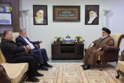 Lebanon's Hezbollah leader Sayyed Hassan Nasrallah meets Jihad Secretary General Ziyad al-Nakhalah and deputy leader of Ha...