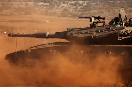 An Israeli tank participates in a military drill near Israel's border with Lebanon in northern Israel, October 26, 2023. Photo by Lisi Niesner/REUTERS