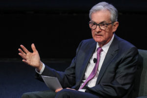 Federal Reserve Chairman Jerome Powell speaks during a meeting of the Economic Club of New York in New York