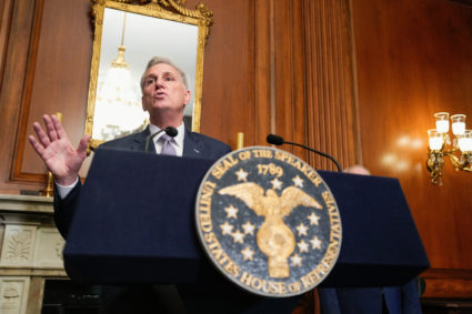U.S. House Speaker Kevin McCarthy speaks to reporters in the U.S. Capitol after the House of Representatives passed a stop...