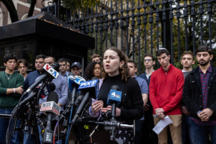Columbia University student Jessie Brenner, class of 2026, speaks to members of the media during a press conference callin...
