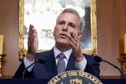 FILE PHOTO: U.S. House Speaker Kevin McCarthy speaks to reporters in the U.S. Capitol after the House of Representatives p...