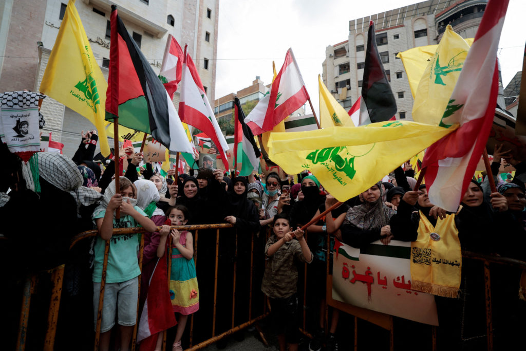 Hezbollah supporters protest in support of Palestinians in Gaza, in Beirut