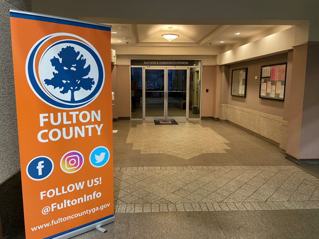 An exterior view of the Fulton County Elections and Administrative Divisions Office in Atlanta