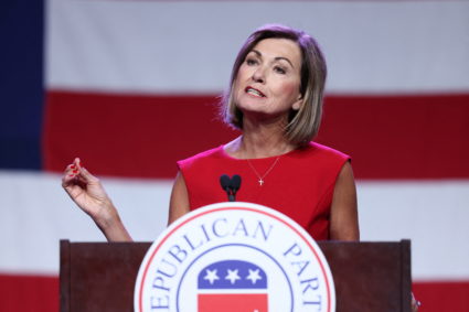 Iowa Governor Kim Reynolds speaks at the Republican Party of Iowa's Lincoln Day Dinner in Des Moines, Iowa, U.S., July 28, 2023. Photo by Scott Morgan/REUTERS
