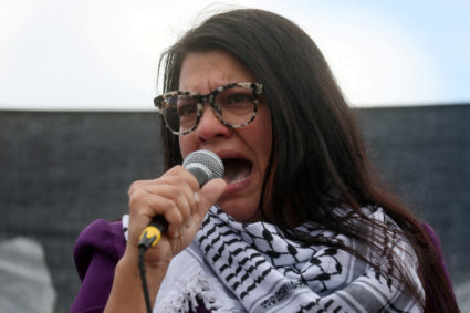FILE PHOTO: Rep. Rashida Tlaib (MI-12) addresses attendees as she takes part in a protest calling for a ceasefire in Gaza outside the U.S. Capitol, in Washington, U.S., October 18, 2023. Photo by Leah Millis/Reuters