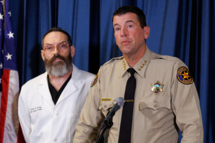 Ventura County Sheriff Jim Fryhoff speaks next to Ventura County Chief Medical Examiner Chris R. Young during a press conference regarding the recent death of a pro-Israeli protester that occurred in the city of Thousand Oaks on 11/05/23, during simultaneous pro-Israeli and pro-Palestinian demonstrations that were taking place in proximity to one another in Thousand Oaks, California, U.S., November 7, 2023. Photo by Mike Blake/REUTERS