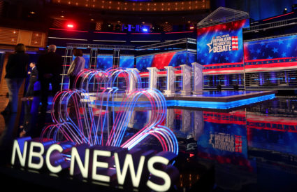 The stage is pictured during a media walkthrough ahead of the 3rd Republican presidential debate which will be held November 8 by NBC News in Miami, Florida, U.S., November 7, 2023. Photo by Mike Segar/REUTERS