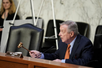 U.S. Sen. Dick Durbin (D-IL) waves his gavel as U.S. Attorney General Merrick Garland testifies on “Oversight of the Department of Justice,” before the Senate Judiciary Committee on Capitol Hill in Washington, D.C., U.S., March 1, 2023. Photo by Sarah Silbiger/REUTERS