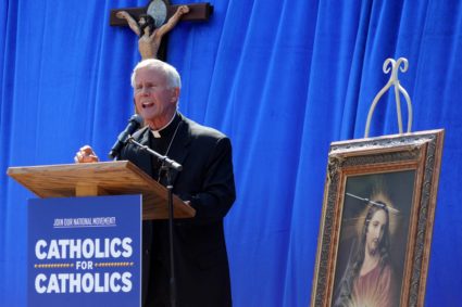 FILE PHOTO: Catholic bishop Joseph Strickland protests the Los Angeles Dodgers honoring the pro-LGBTQ+ group Sisters of Pe...