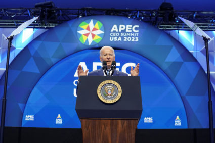 U.S. President Joe Biden delivers remarks at the Asia-Pacific Economic Cooperation (APEC) summit in San Francisco, California, U.S., November 16, 2023. Photo by Kevin Lamarque/REUTERS