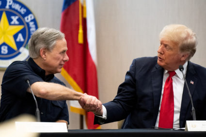 FILE PHOTO: Former President Trump joins Texas Governor Abbott at Mexico border briefing in Weslaco, Texas