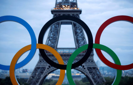 FILE PHOTO: Olympic rings to celebrate the IOC official announcement that Paris won the 2024 Olympic bid are seen in front...