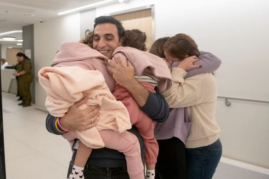 The moments following the arrival of released Israeli hostages in Israel, after they were held by Palestinian militant gro...
