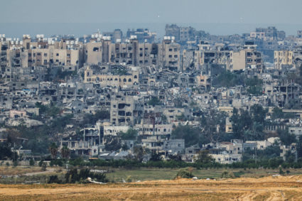 View of destroyed buildings in Gaza hit in Israeli strikes during the conflict, amid the temporary truce between Hamas and...