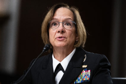 Admiral Lisa M. Franchetti, U.S. Navy, testifies during the Senate Armed Services Committee hearing on her reappointment to the grade of admiral and to be Chief of Naval Operations, in Dirksen Building on Thursday, September 14, 2023. Photo by Tom Williams/CQ-Roll Call, Inc via Getty Images