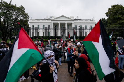 Supporters of the Palestinian people hold a rally and march called a "Day of Action for Palestine" near the White House in...
