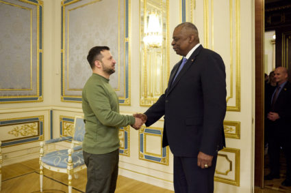 Ukraine's President Volodymyr Zelenskiy welcomes U.S. Defense Secretary Lloyd Austin before their meeting, amid Russia's attack on Ukraine, in Kyiv, Ukraine November 20, 2023. Ukrainian Presidential Press Service/Handout via REUTERS