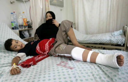 A Palestinian patient lies at the Gaza-European hospital in the southern Gaza