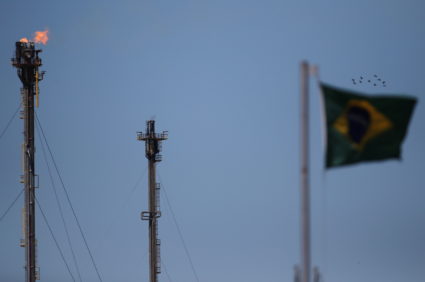 A flare stack is pictured at the Alberto Pasqualini Refinery of state-run oil company Petrobras in Canoas