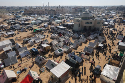 Camp sheltering displaced Palestinians who fled their houses due to Israeli strikes, in Rafah