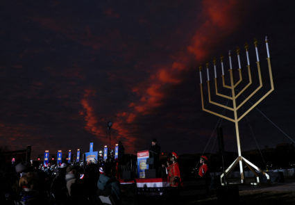Rabbi Levi Shemtov hosts the National Menorah lighting ceremony with Doug Emhoff, husband of U.S. Vice President Kamala Harris, and others on the Ellipse near the White House in Washington, U.S., December 7, 2023. Photo by Leah Millis/REUTERS