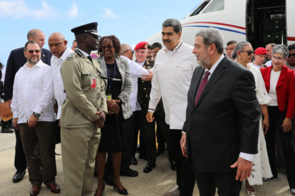 Venezuela's President Nicolas Maduro arrives for a meeting with his Guyanese counterpart Irfaan Ali, in Kingstown