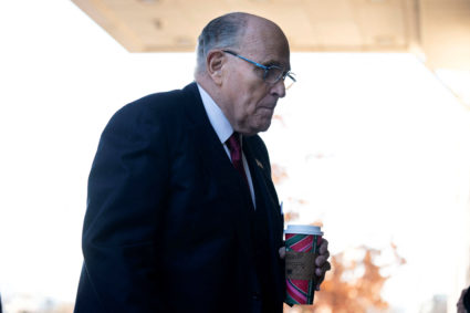 Former New York Mayor Rudy Giuliani arrives for his defamation lawsuit at the U.S. District Courthouse in Washington, U.S., December 15, 2023. The case was brought by two Fulton County, Georgia election workers after they were harassed following Giuliani's false election claims. Photo by Bonnie Cash/REUTERS