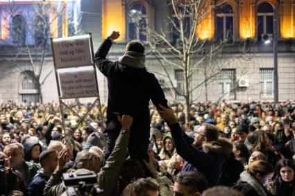 Opposition supporters protest in front of the state election commission in Belgrade, Serbia, December 18, 2023. Photo by Marko Djurica/REUTERS