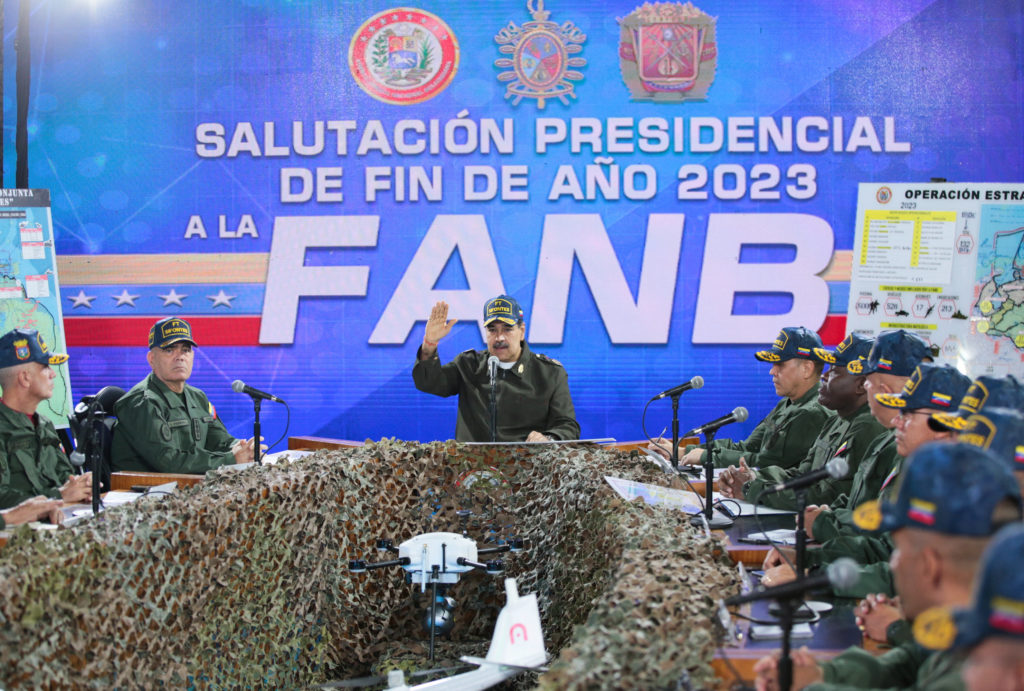 Venezuela's President Nicolas Maduro gestures during a meeting with military staff at the Ministry of Defence, in Caracas,...