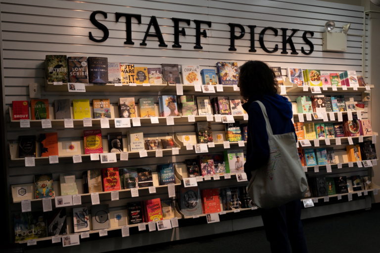 Books challenged by the Central Bucks School District are displayed for sale in Doylestown, Pennsylvania