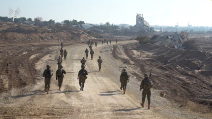 Israeli soldiers operate in a location given as Gaza amid the ongoing conflict between Israel and the Palestinian Islamist...