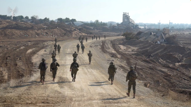 Israeli soldiers operate in a location given as Gaza amid the ongoing conflict between Israel and the Palestinian Islamist...