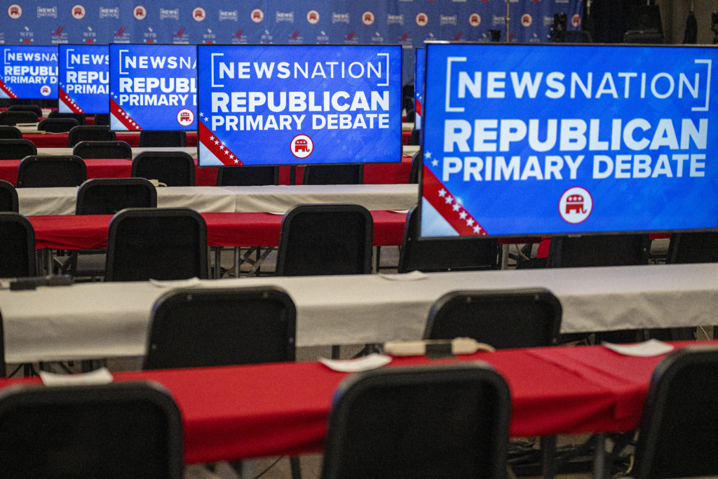A row of monitors are seen in the press room of the Frank Moody Music Building at the University of Alabama in Tuscaloosa,...