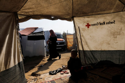 Displaced Palestinians take shelter in tents at Nasser hospital in Khan Younis, in the southern Gaza Strip