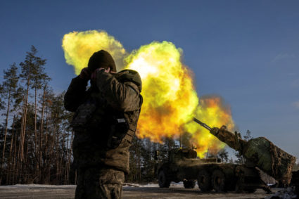 A Swedish-made Archer self-propelled howitzer of Ukraine’s 45th separate artillery brigade fires at Russian positions in t...