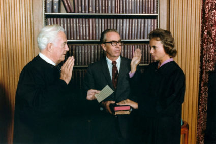 Sandra Day O'Connor is sworn in as a Supreme Court Justice by Chief Justice Warren Burger