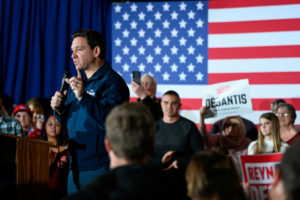 Republican presidential candidate and Florida Governor DeSantis speaks at a Never Back Down campaign event, in Newton