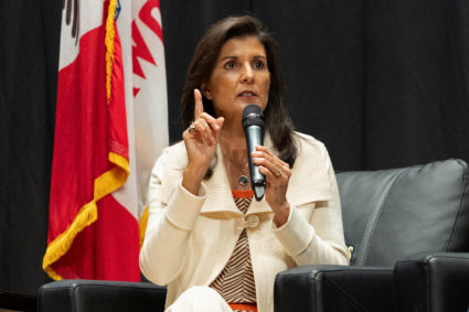 FILE PHOTO: Republican presidential candidate and former U.S. Ambassador to the United Nations Nikki Haley speaks in Sioux...