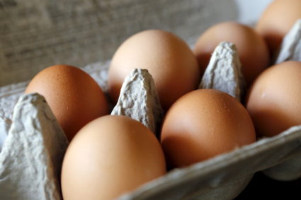 Brown eggs are shown in their carton in a home in Palm Springs, California