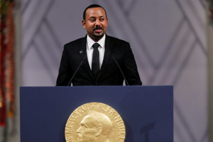 Nobel Peace Prize Laureate Ethiopian Prime Minister Abiy Ahmed Ali delivers his speach during the awarding ceremony in Oslo City Hall, Norway December 10, 2019. Photo by NTB Scanpix/Stian Lysberg Solum via REUTERS