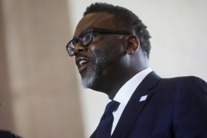 Chicago mayor Brandon Johnson speaks on the day U.S. President Joe Biden delivers an economic policy speech at The Old Post Office in Chicago, Illinois, U.S., June 28, 2023. Photo by Leah Millis/Reuters