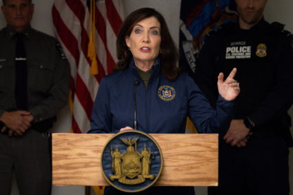 New York Governor Kathy Hochul speaks to press after an incident at the Rainbow Bridge U.S. border crossing with Canada, in Niagara Falls, New York, U.S. November 22, 2023. Photo by Lindsay DeDario/REUTERS