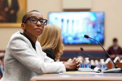 Harvard University President Claudine Gay watches a video being played during a House Education and The Workforce Committee hearing titled "Holding Campus Leaders Accountable and Confronting Antisemitism" on Capitol Hill in Washington, U.S., December 5, 2023. Photo by Ken Cedeno/REUTERS