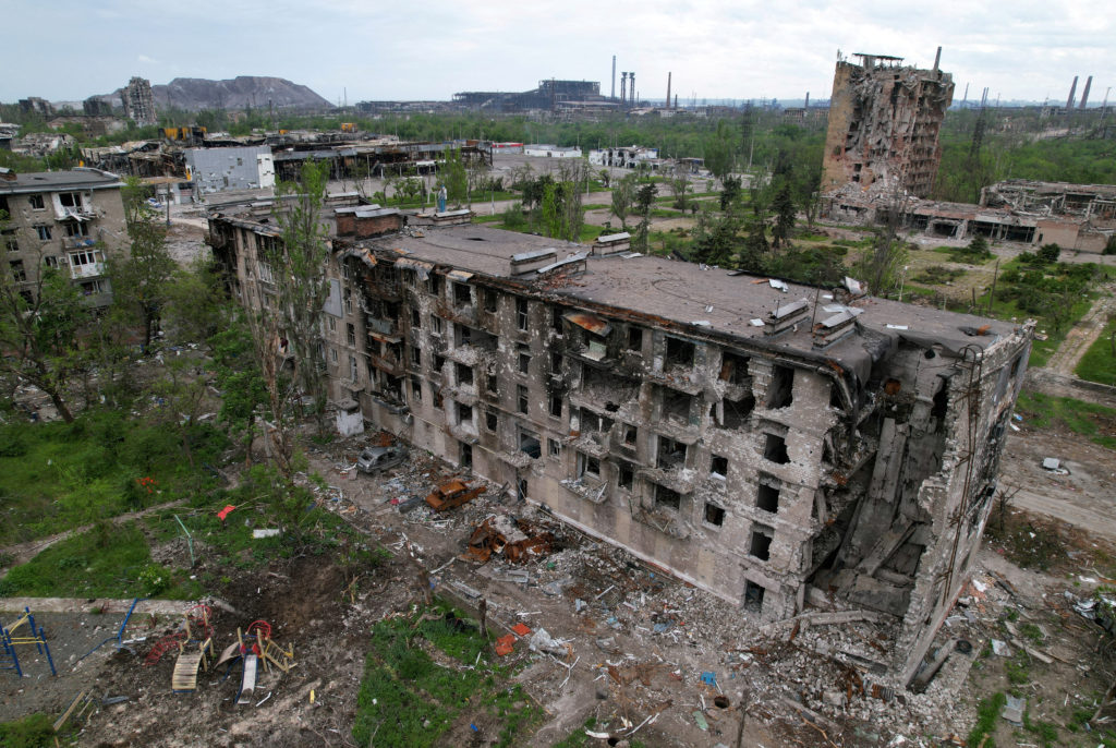A view shows a heavily damaged residential building located near Azovstal Iron and Steel Works, during Ukraine-Russia conf...
