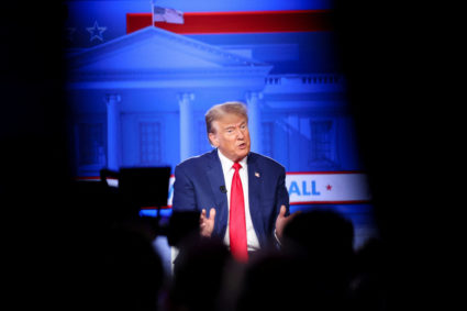 Republican presidential candidate and former U.S. President Donald Trump participates in a Fox News Channel town hall ahead of the caucus vote in Des Moines, Iowa, U.S., January 10, 2024. Photo by Scott Morgan/REUTERS